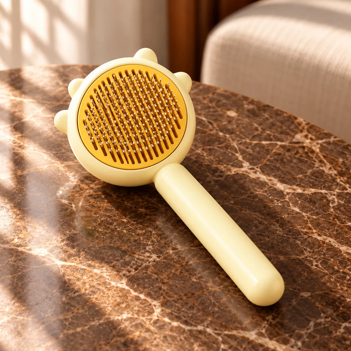 Yellow pet grooming comb with metal pins on brown marble