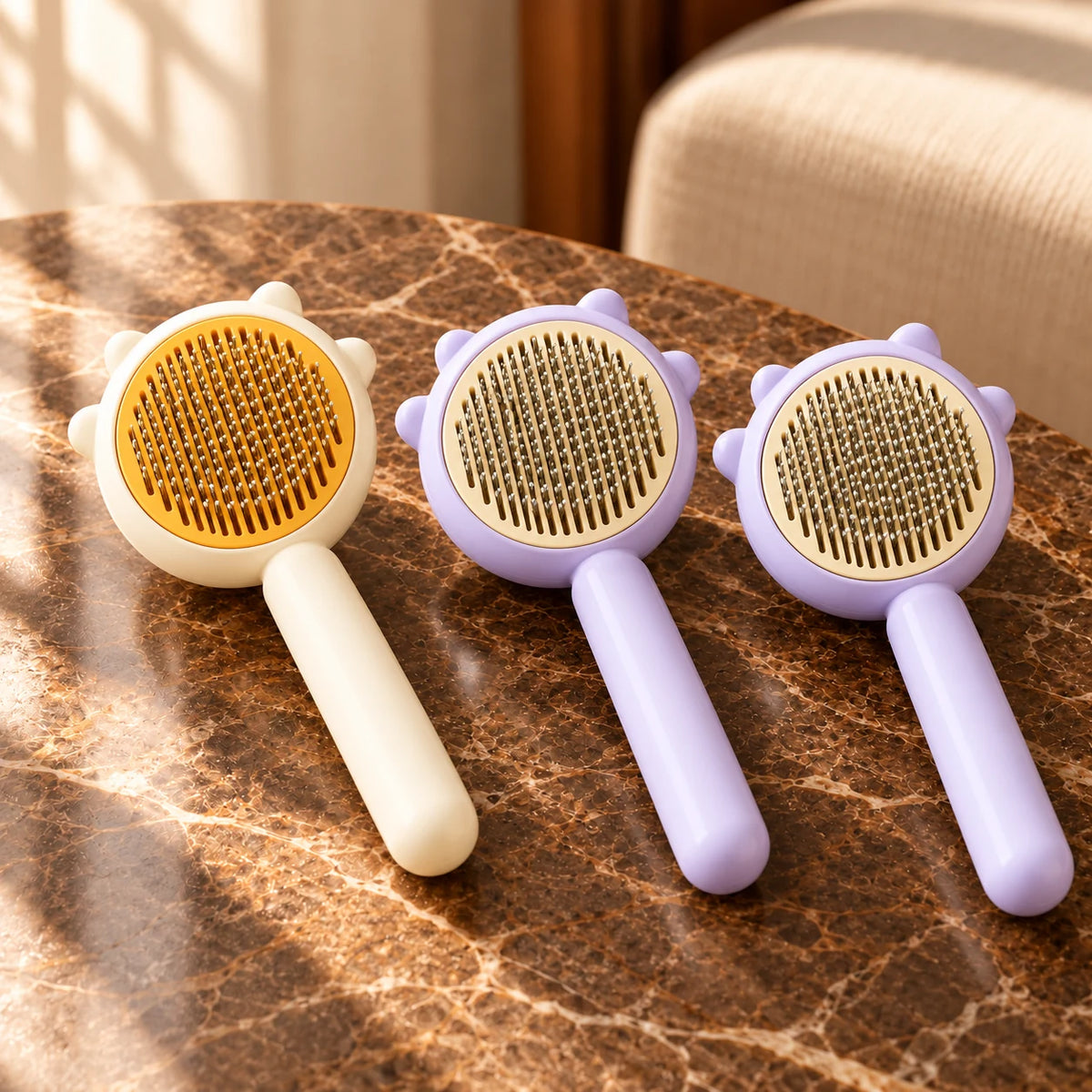 Pack of one yellow comb and two purple combs on brown marble