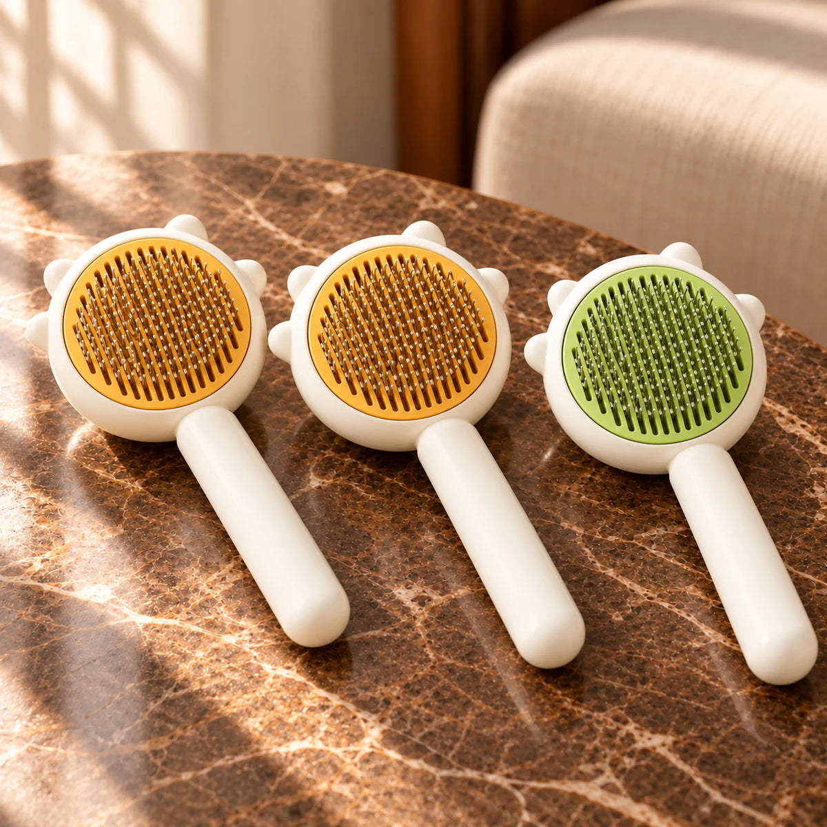 Pack of two yellow combs and one green comb on brown marble