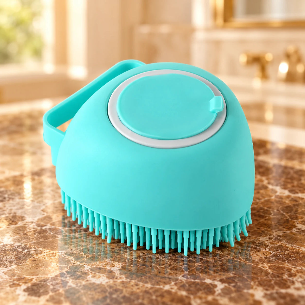 Turquoise silicone pet bath brush with smooth body and refill cap on brown marble