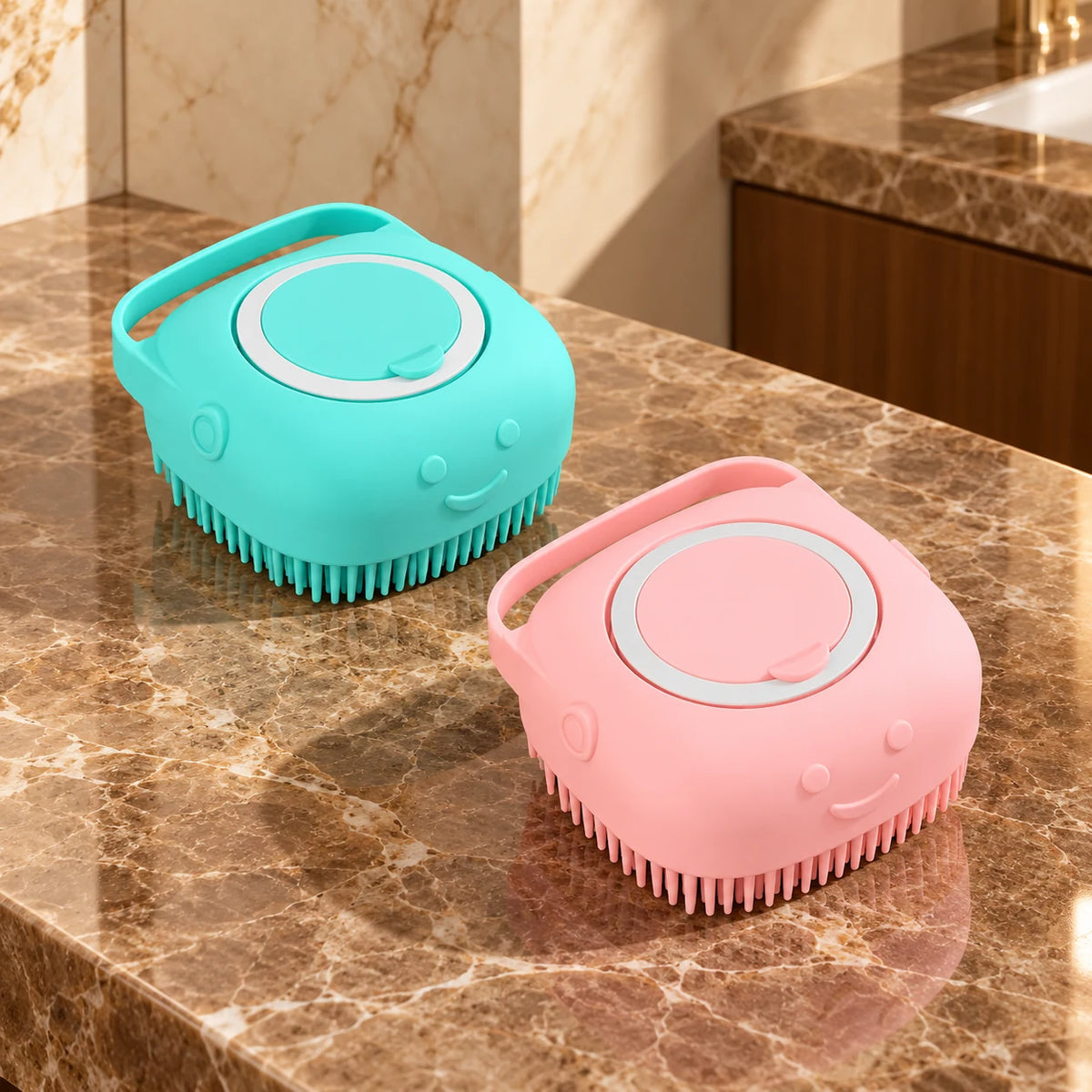 Set3 with one turquoise and one pink square silicone pet bath brush on brown marble