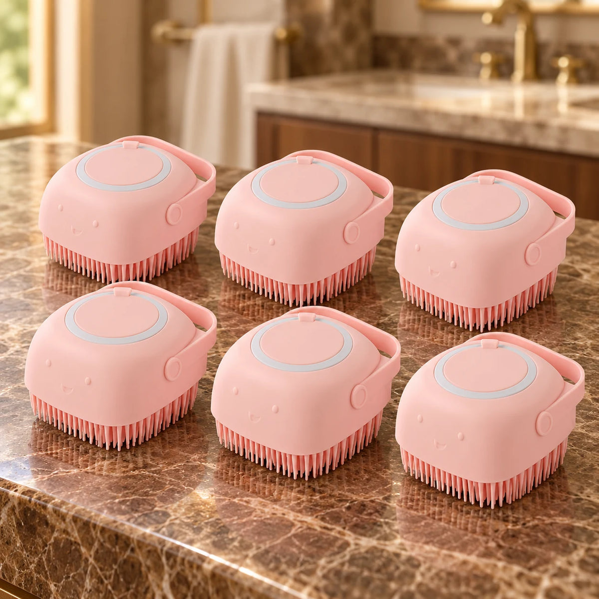 Six pink square silicone pet bath brushes on brown marble