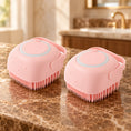 Load image into Gallery viewer, Two pink square silicone pet bath brushes on brown marble
