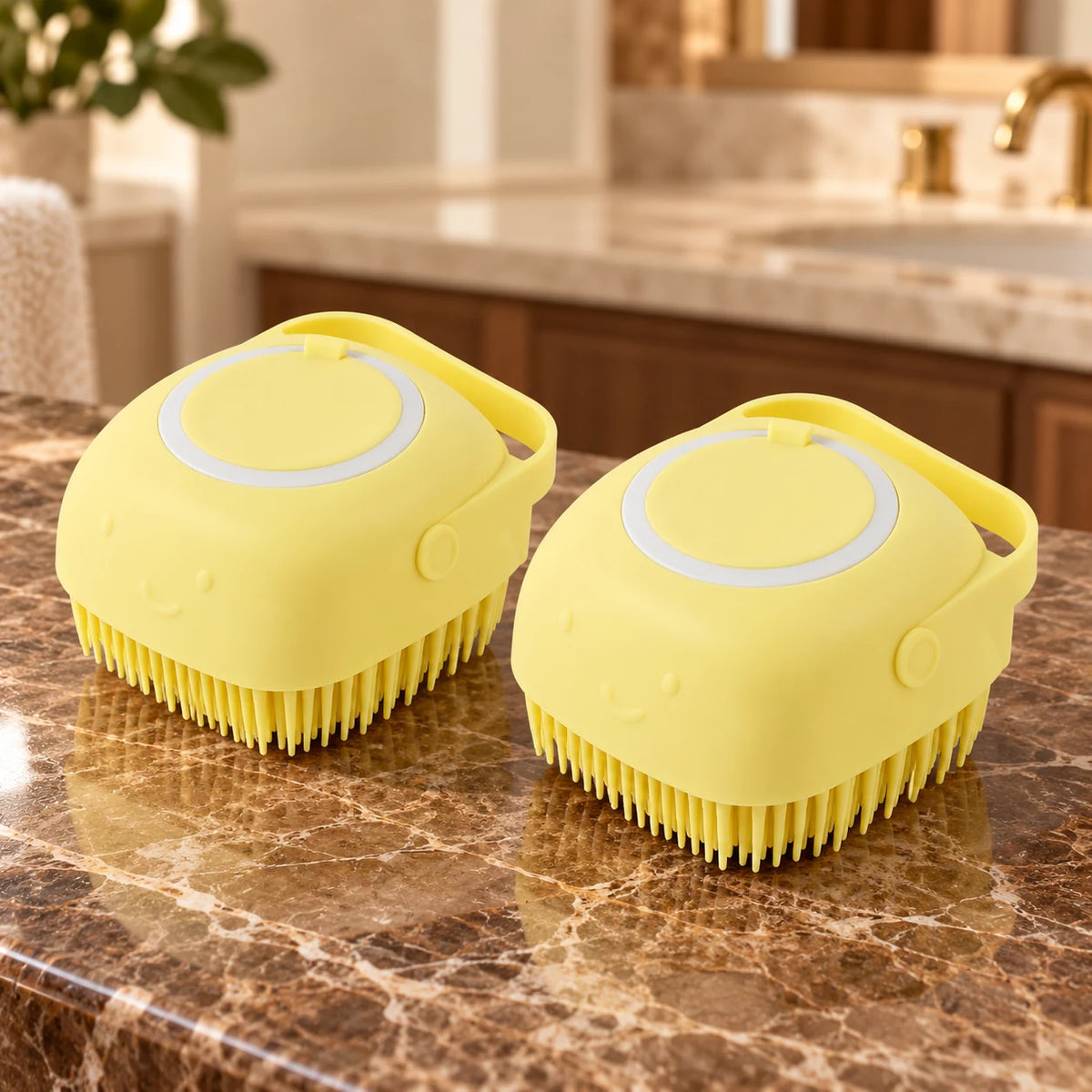 Two yellow square silicone pet bath brushes on brown marble