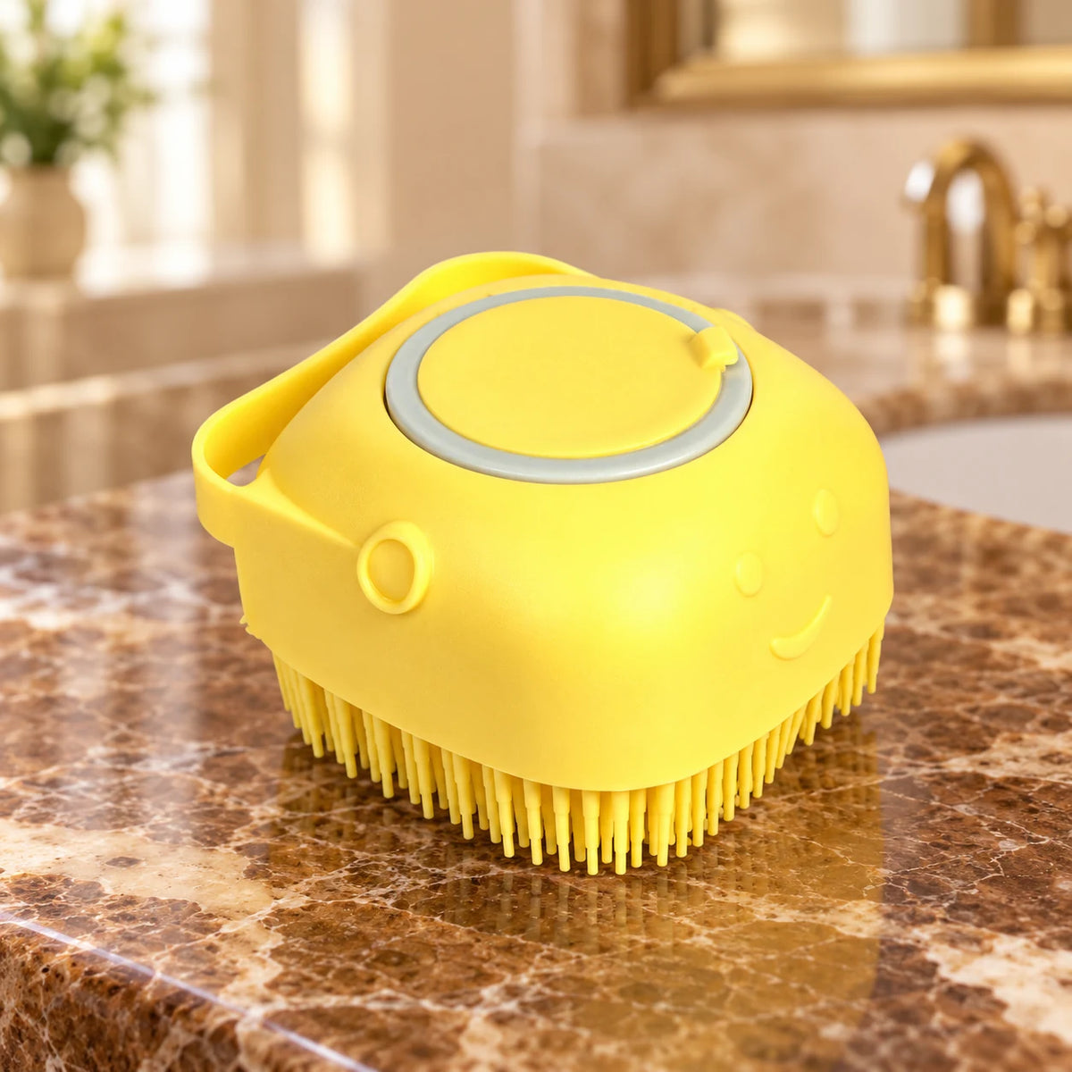 Yellow square silicone pet bath brush on brown marble