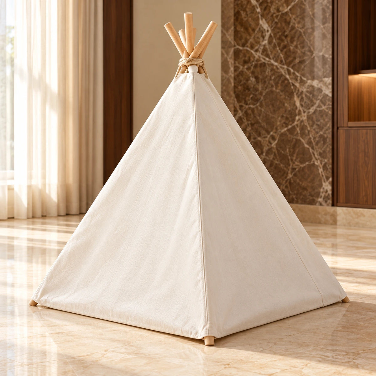 Rear exterior of white canvas pet teepee with wooden poles in a warm marble interior