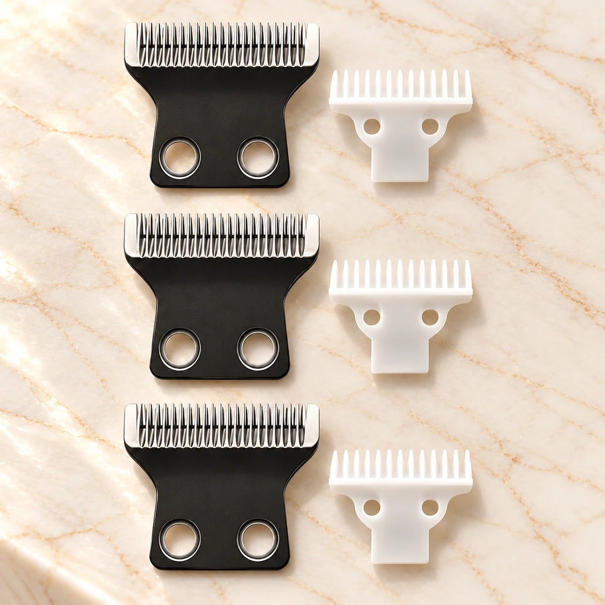 Three replacement trimmer blade sets with black blades and white toothed components