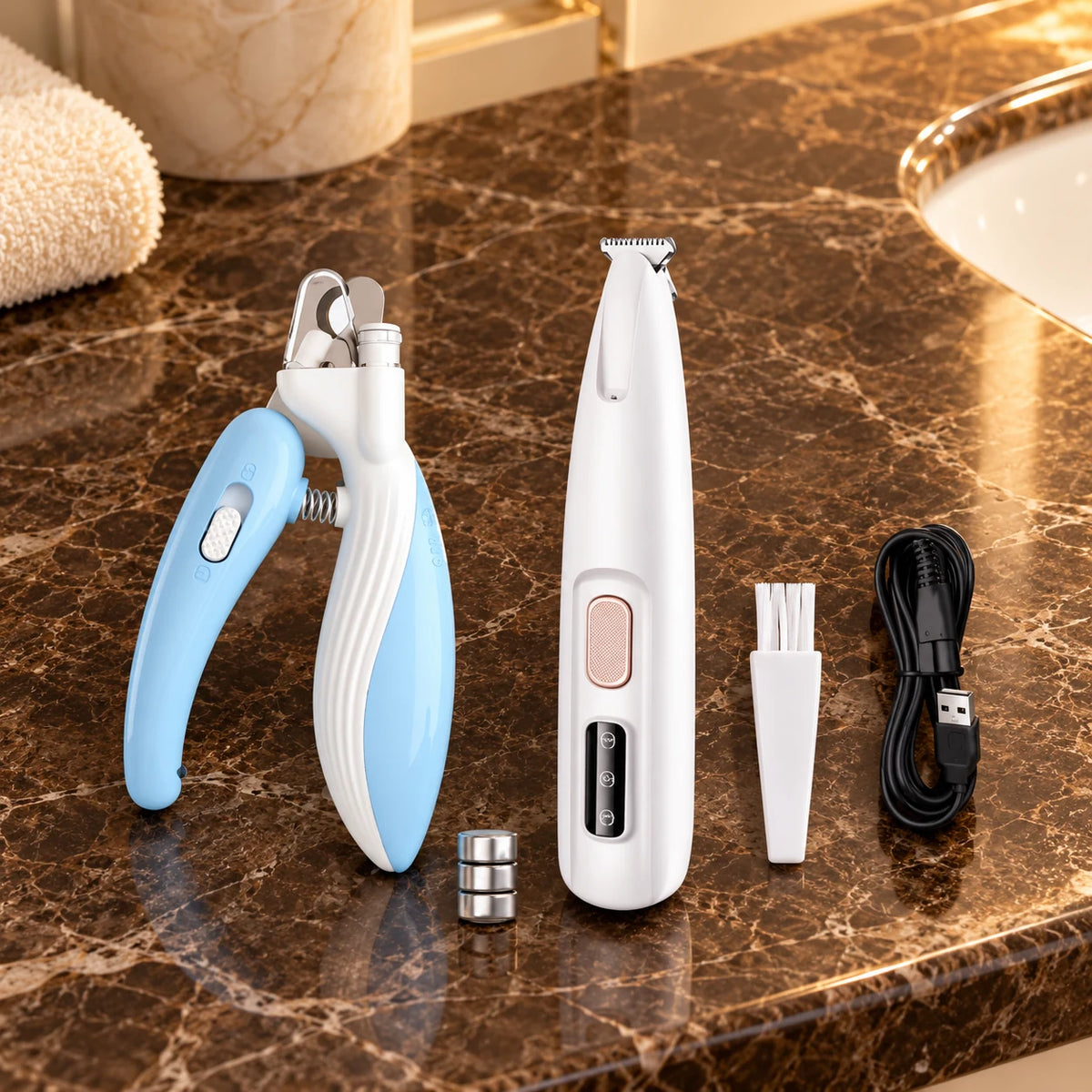White pet trimmer kit with blue nail clipper and three button batteries