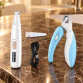 Load image into Gallery viewer, White pet trimmer, cleaning brush, USB cable and blue nail clipper
