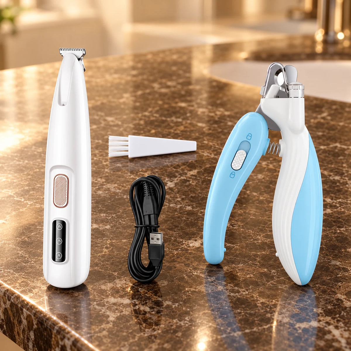 White pet trimmer, cleaning brush, USB cable and blue nail clipper