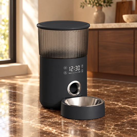 Black automatic pet feeder with a ribbed transparent hopper and stainless-steel bowl on brown marble.