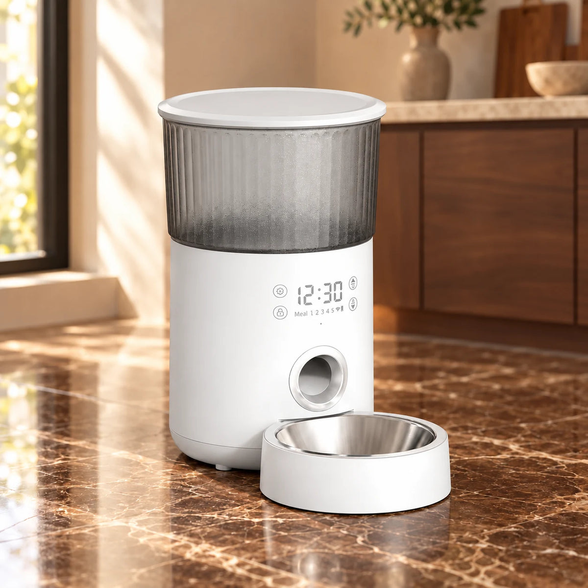 White automatic dry-food pet feeder with ribbed hopper and stainless steel bowl