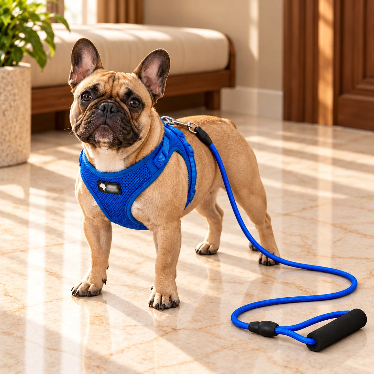 Fawn French bulldog wearing a blue mesh harness with matching rope leash in a sunlit marble entryway.