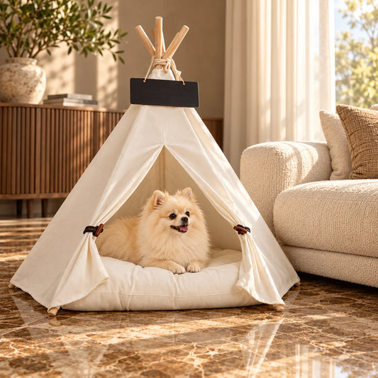 Cream Pomeranian resting at the entrance of a white canvas pet teepee with a cushion.