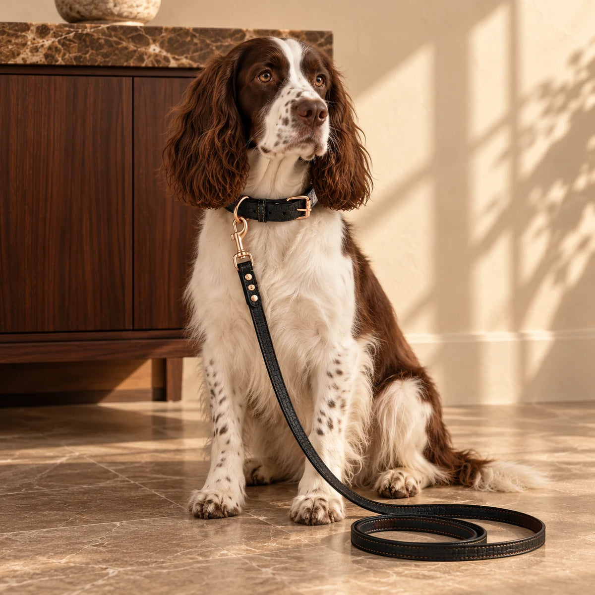 Brown and white English springer spaniel wearing a black croc-texture collar and leash beside a walnut console.