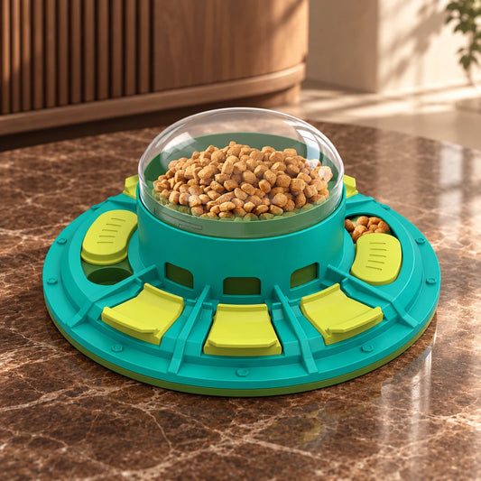 Teal and lime dog puzzle feeder with clear kibble dome on brown marble.
