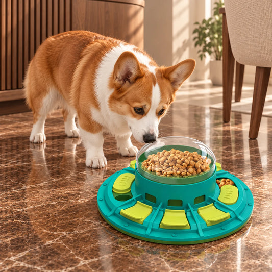 Red and white corgi investigating a teal and lime puzzle feeder in a walnut and marble interior.