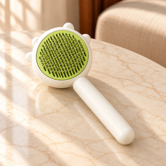 Green and white pet grooming comb with stainless-steel pins on light ivory-beige marble in a sunlit room.
