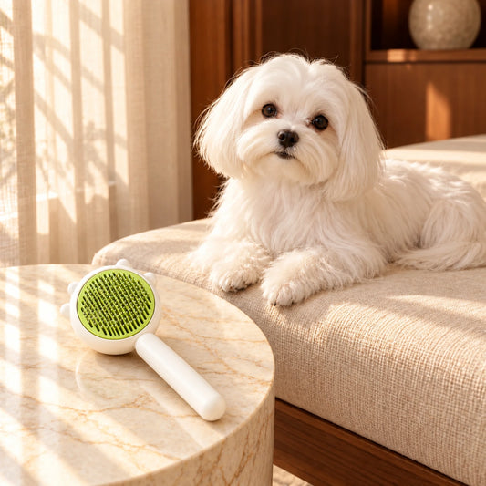 White Maltese resting on a cream sofa beside a green and white grooming comb on a light ivory-beige marble table.
