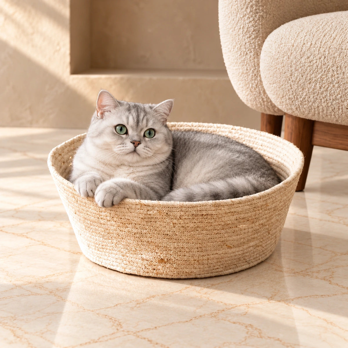 Silver British Shorthair curled inside a natural woven cat bed in a softly lit marble and cream interior.