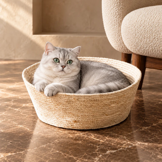 Silver British Shorthair curled inside a natural woven cat bed in a softly lit marble and cream interior.