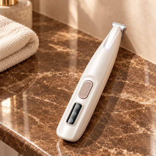 White LED pet trimmer with rose-gold switch and narrow metal blade on brown marble. Complete-tool option shown.