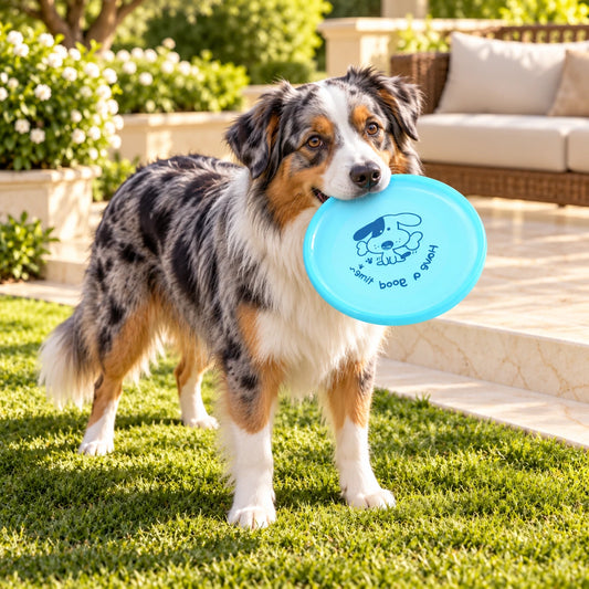 Blue merle Australian shepherd holding a light blue flying disc beside a sunlit garden terrace.