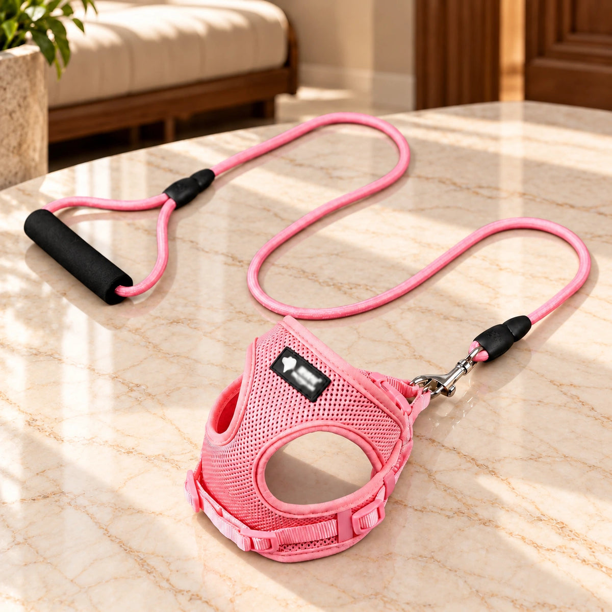 Pink mesh dog harness and matching rope leash with black foam handle on light ivory-beige marble