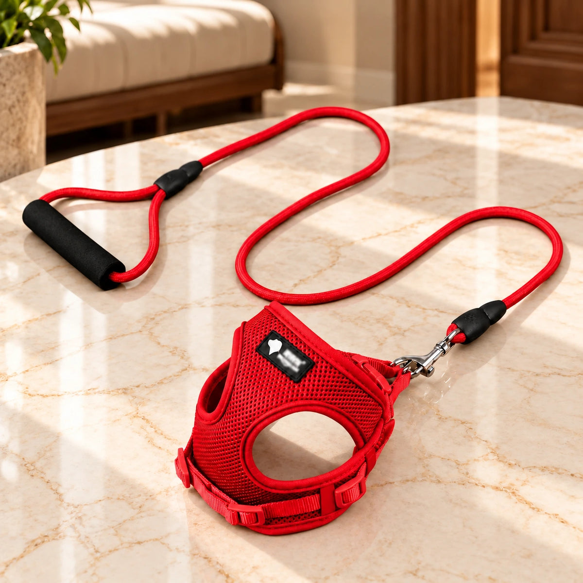 Red mesh dog harness and matching rope leash with black foam handle on light ivory-beige marble
