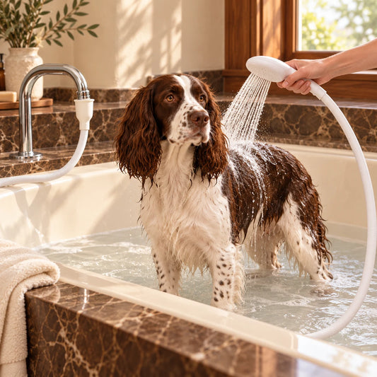 Brown and white English springer spaniel being rinsed with a white shower hose attachment in a marble bathroom.