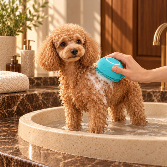 Apricot miniature poodle beside a blue silicone shampoo brush in a warm marble bathroom.