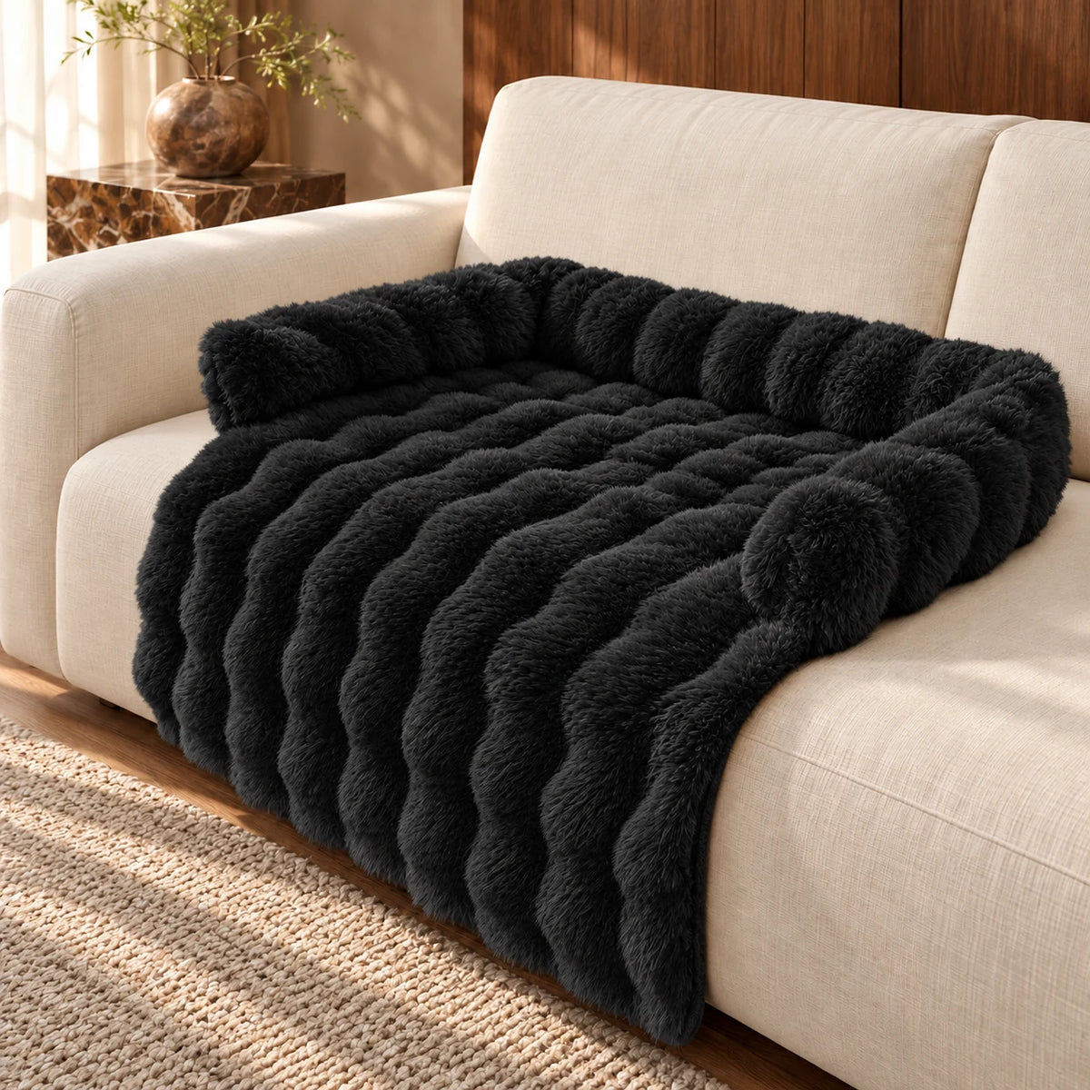 Black plush sofa pet mat with raised bolsters and draped front on a cream sofa