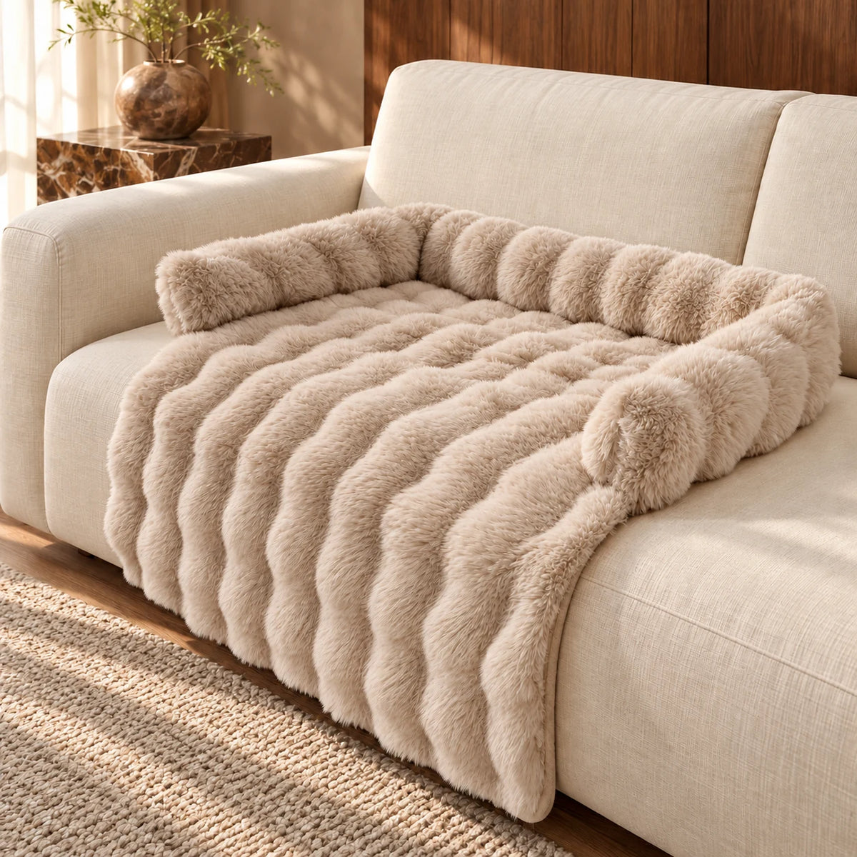 Coffee-colour plush sofa pet mat with raised bolsters and draped front on a cream sofa