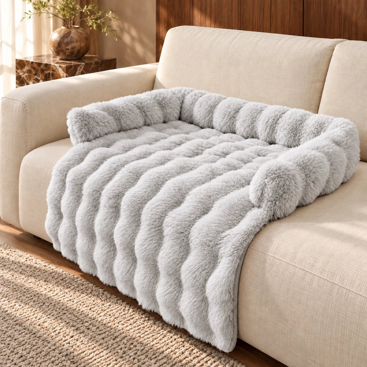 Light gray plush sofa pet mat with raised bolsters and draped front on a cream sofa
