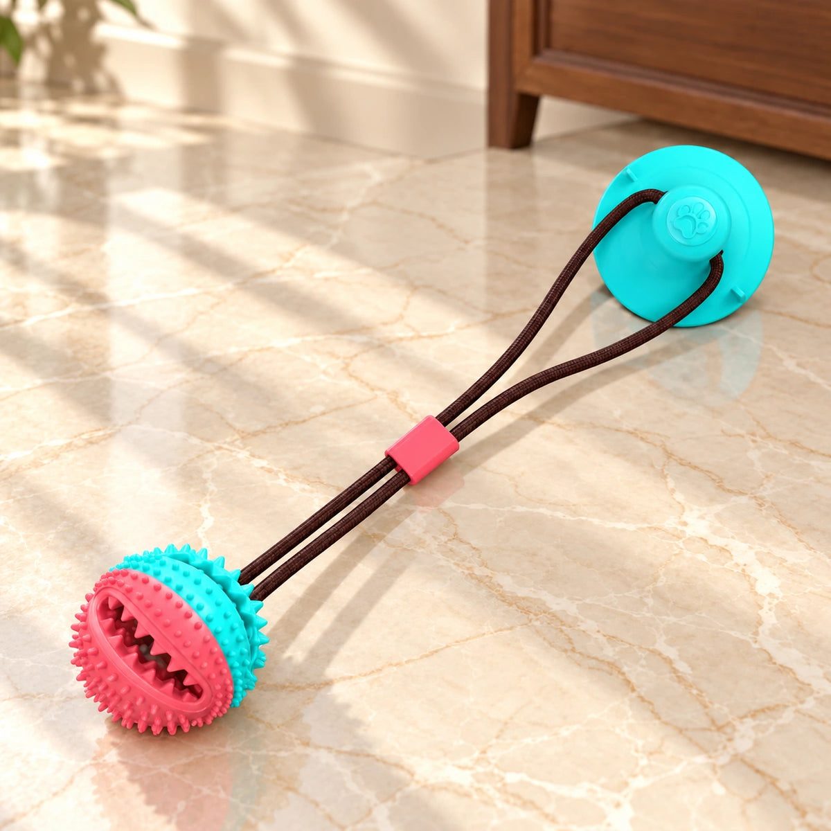 Turquoise and coral suction-cup tug ball dog toy with connecting rope on light ivory-beige marble.