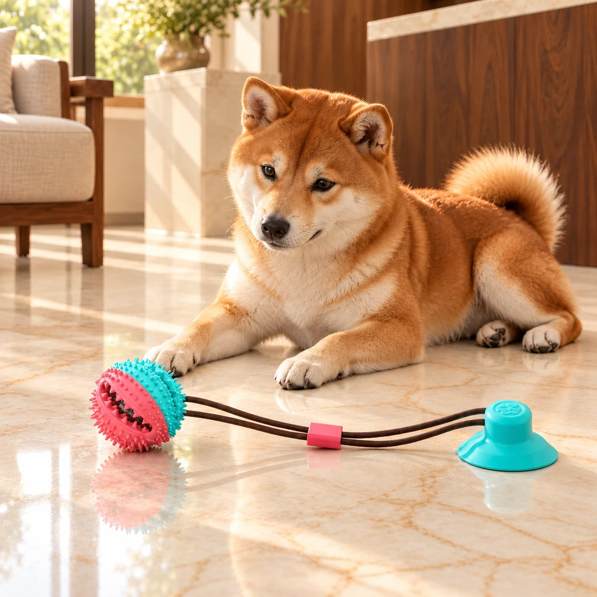 Red Shiba Inu beside a turquoise and coral suction-cup tug toy on a light ivory-beige marble floor.