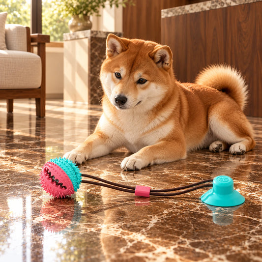 Red Shiba Inu beside a turquoise and coral suction-cup tug toy on a brown marble floor.