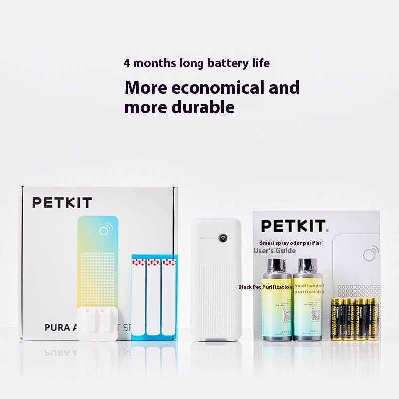 Complete PETKIT smart spray odor purifier set with batteries, purification liquids, user guide, and packaging