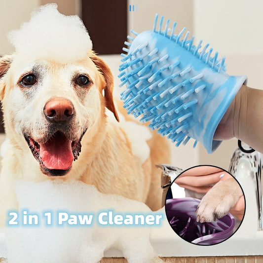 Dog with paw cleaner brush covered in foam during bath