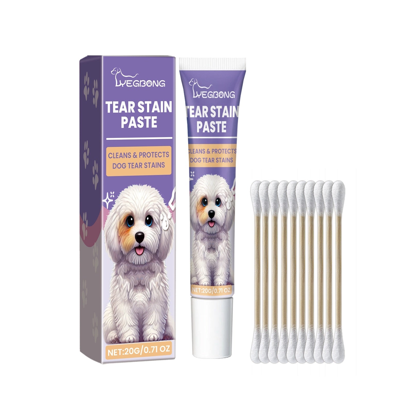 Lyegbong Tear Stain Paste for dogs in purple tube with matching box and applicator cotton swabs