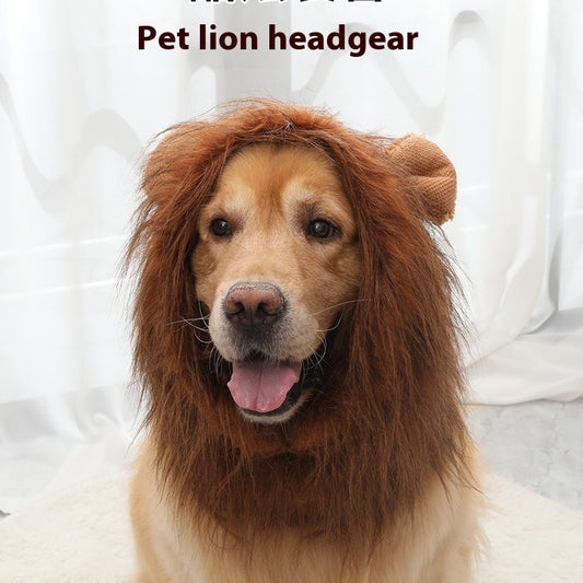 Golden retriever dog wearing brown lion mane headgear with ears