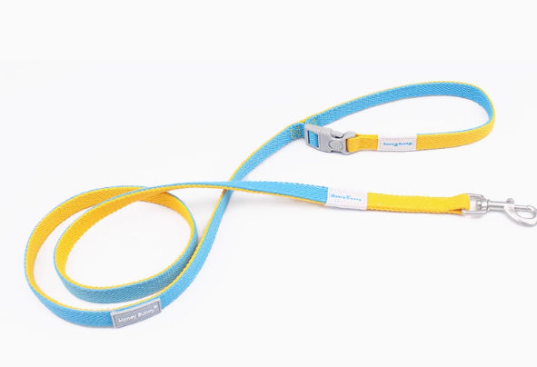 Yellow and blue adjustable woven fabric dog leash with buckle and metal clasp