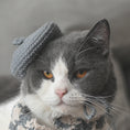Load image into Gallery viewer, Gray and white cat sitting with a gray knitted beret and gray-beige plaid scarf
