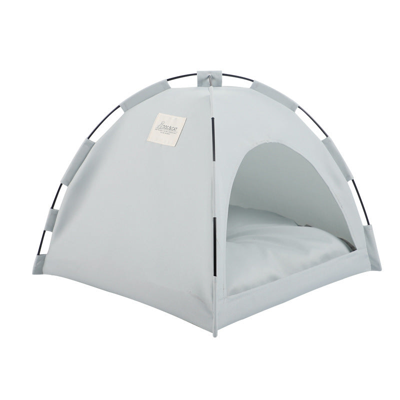 Light gray indoor pet tent bed front angled view showing cushioned interior