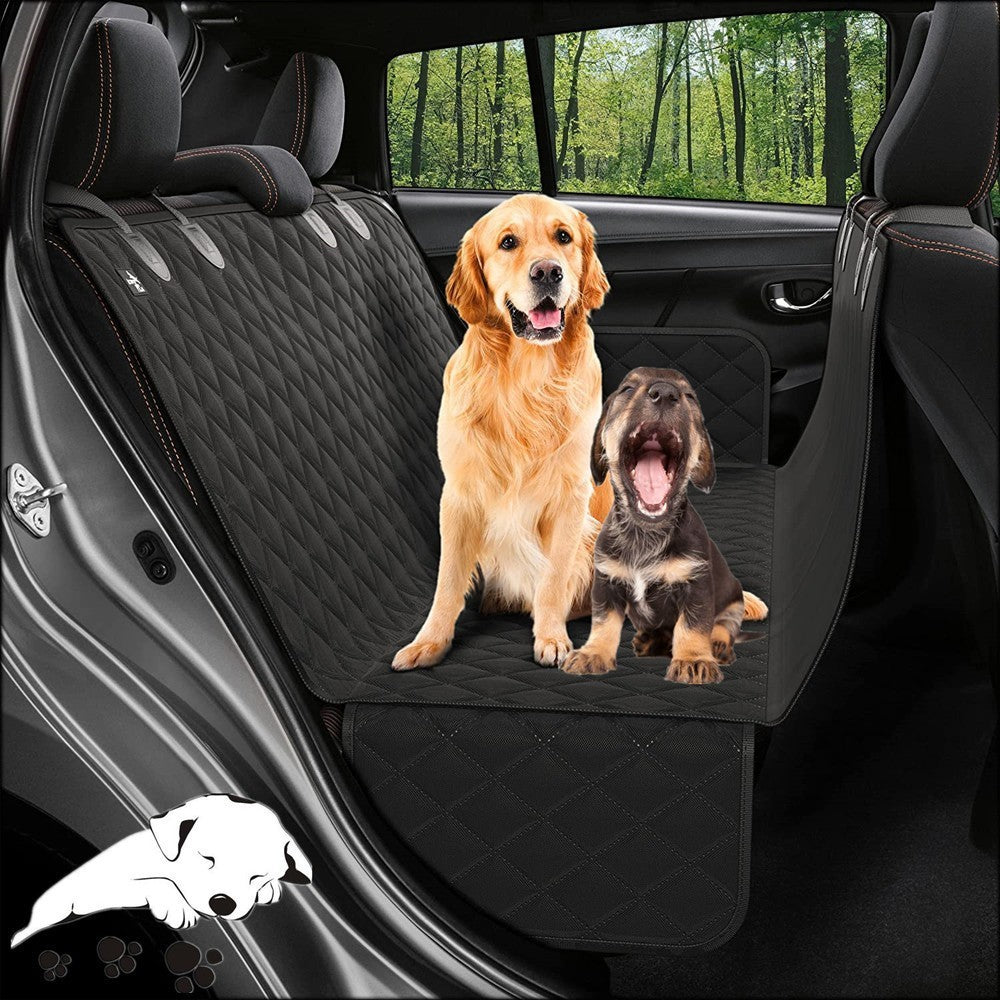 Black waterproof quilted dog car seat cover hammock installed on back seat with two dogs sitting