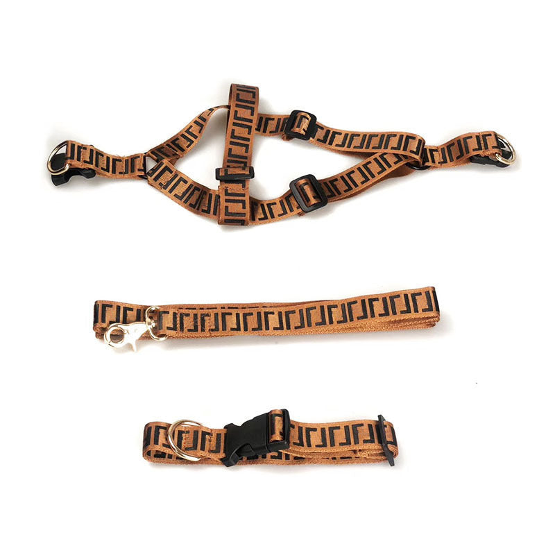 Dog harness, collar, and leash set displayed together with geometric Greek key design