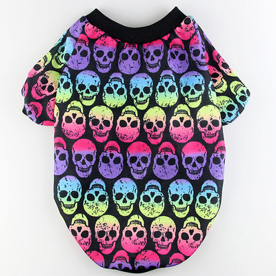 Flat lay of colorful rainbow skull dog shirt with black ribbed neckline and bottom