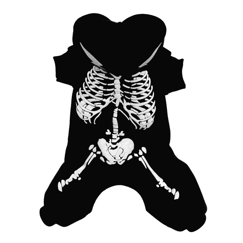 Black skeleton print dog jumpsuit laid flat with clear view of skeleton graphic and hood