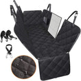 Cargar la imagen en la vista de la galería, Expanded view of black waterproof dog car seat cover with mesh window, storage pockets, and included seat belts and leash

