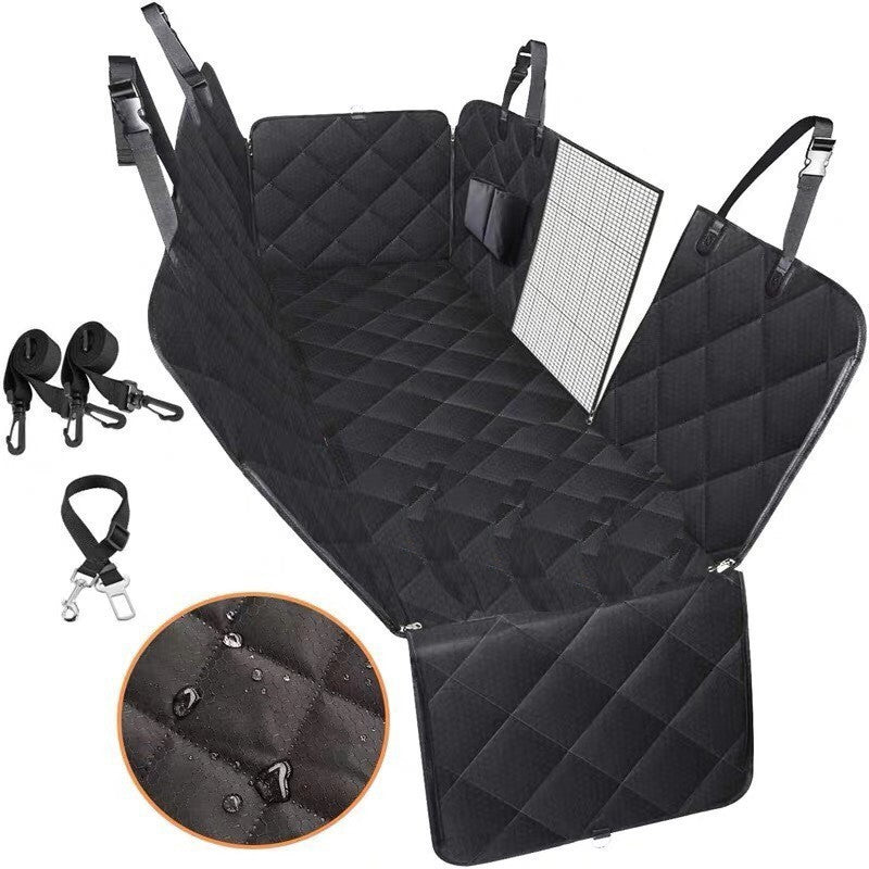 Expanded view of black waterproof dog car seat cover with mesh window, storage pockets, and included seat belts and leash
